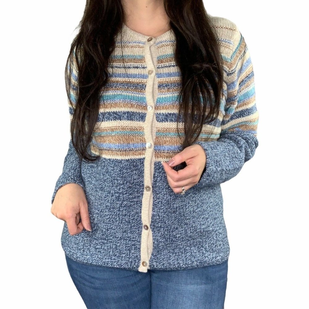 LL Bean button front cardigan sweater sz L blue